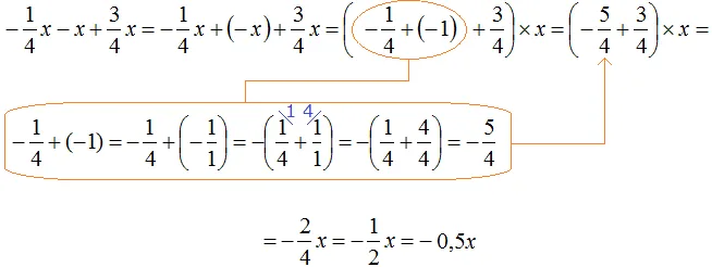 минус одна четвертая x плюс x плюс три четрвертых x равно минус одна вторая x