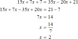 30x plus 14x plus 14 ravno 70x minus 40x plus 42 деление на 2 шаг 4