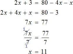 2x plus 3 ravno 80 minus 4x minus x step 2